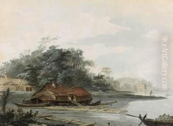 A Lake With A House Boat And Farm Buildings Oil Painting by Louis-Gabriel Moreau the Elder