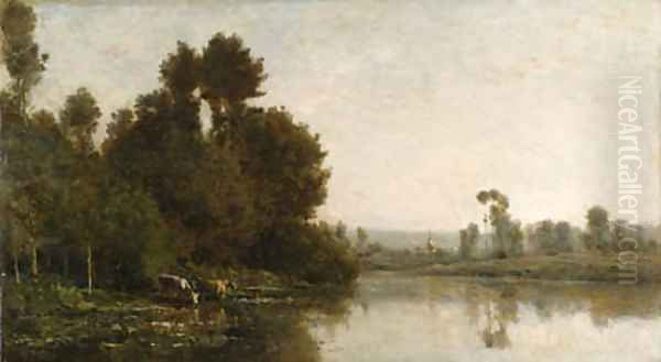 Au bord de la rivire Oil Painting by Charles-Francois Daubigny