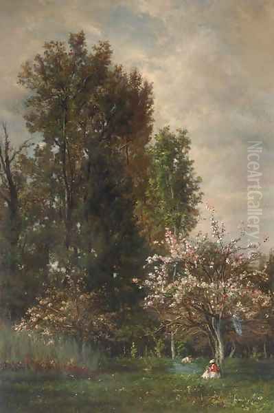 A Figure seated beneath a Cherry Tree Oil Painting by Charles-Francois Daubigny