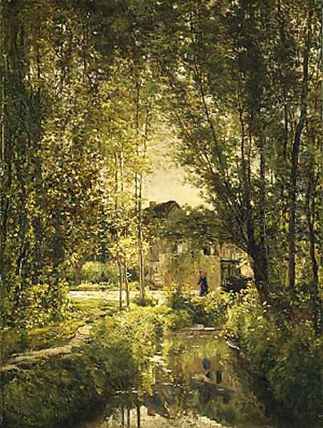 Landscape with a Sunlit Stream, ca 1877 Oil Painting by Charles-Francois Daubigny