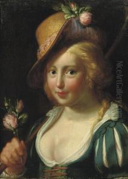 A Young Shepherdess Holding A Bunch Of Pink Roses Oil Painting by Paulus Moreelse