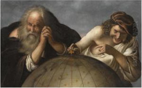 Democritus And Heraclitus Oil Painting by Paulus Moreelse