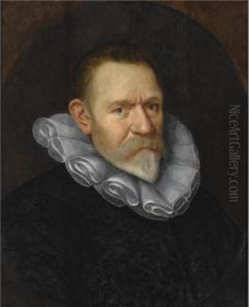 A Portrait Of A Bearded 
Gentleman, Aged 60, Bust Length, Wearing A Black Coat With A White 
Collar, In A Painted Oval Oil Painting by Paulus Moreelse