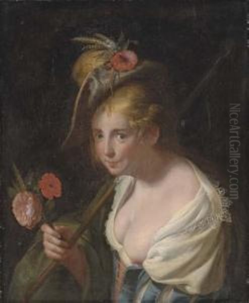 A Shepherdess, With A Bouquet Of Wheat, Poppy And A Rose Oil Painting by Paulus Moreelse