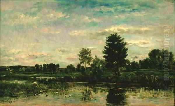 La barque au bord de la riviere Oil Painting by Charles-Francois Daubigny