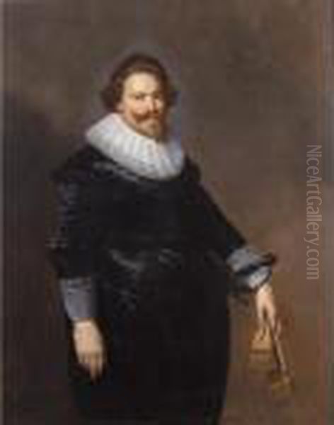 A Portrait Of Ernst Van Reede 
(died 1640), Lord Of De Vuursche And Drakestein, Standing Three-quarter 
Length, Wearing A Black Suit, With White Lace Collar And Cuffs, Holding 
Gloves And A Sabel;
 A Portrait Of His Wife, Elisabeth Van Utenhove (died  Oil Painting by Paulus Moreelse