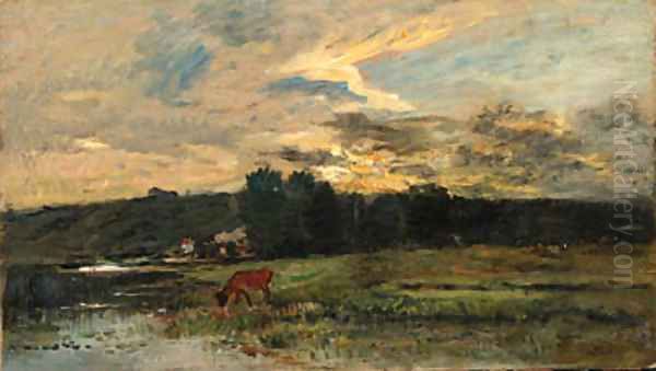 Landscape with Cow watering at a quiet Pool Oil Painting by Charles-Francois Daubigny