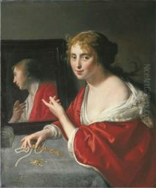 Vanitas: A Young Lady At A Draped Table Before A Black Framed Mirror Oil Painting by Paulus Moreelse