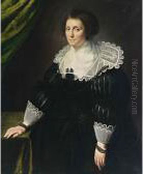 A Portrait Of A Lady, Seated 
Three-quarter Length, Wearing A Black Dress With A Composite White 
Collar And Cuffs, A Black Headdress And Pearl Jewellery Oil Painting by Paulus Moreelse