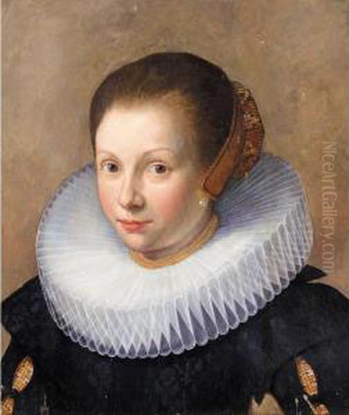 Portrait Of A Lady, Head And Shoulders, Wearing Black With A White Ruff And A Head-dress Oil Painting by Paulus Moreelse