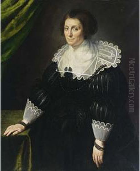 A Portrait Of A Lady, Seated 
Three-quarter Length, Wearing A Black Dress With A Composite White 
Collar And Cuffs, A Black Headdress And Pearl Jewellery, Leaning With 
Her Right Hand On A Table Oil Painting by Paulus Moreelse