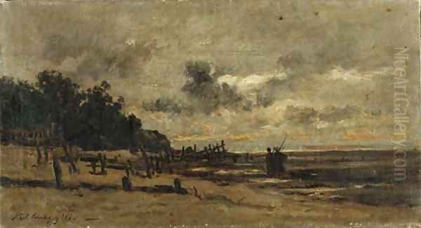 Le brise-lame, a Villerville, a maree basse Oil Painting by Charles-Francois Daubigny