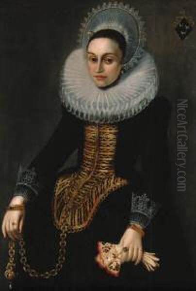 Portrait Of A Lady, 
Three-quarter-length, In A Black Dress With Agold Stomacher And A Ruff 
Holding A Pair Of Gloves And Achain Oil Painting by Paulus Moreelse