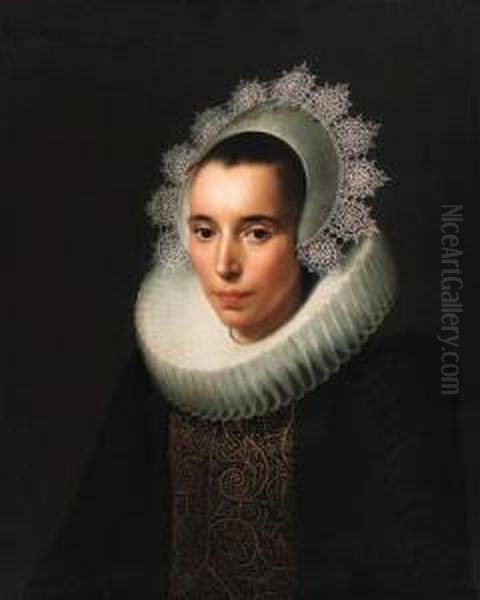 Portrait Of A Lady, Half-length,
 In A Black Dress With Agold-embroidered Black Stomacher, In A Ruff And 
Laceheaddress Oil Painting by Paulus Moreelse