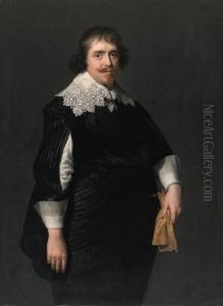 Portrait Of A Gentleman, 
Three-quarter-length, In A Black Doubletwith Slashed Sleeves, Black Hose
 And Sash, His Gloves In His Lefthand; And Portrait Of A Lady, 
Three-quarter-length, In Anembroidered Black Dress With Lace Cuffs And 
Ruff, Wearing A  Oil Painting by Paulus Moreelse