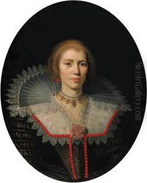 Portrait Of A Lady, Bust-length,
 In A Gold-brocaded Black Dresswith An Elaborate Lace Collar And Coral 
Beading Oil Painting by Paulus Moreelse