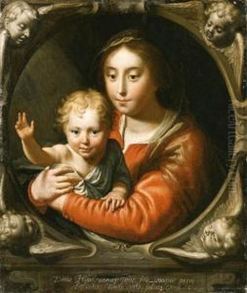 The Virgin And Child In A Feigned Stone Cartouche Withcherubs Oil Painting by Paulus Moreelse