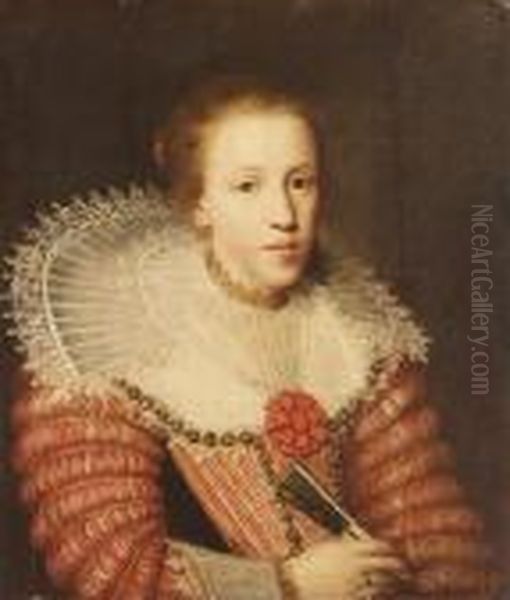 Portrait Of A Lady, Half Length, Wearing A Red Dress, A Lace Ruffand Holding A Fan Oil Painting by Paulus Moreelse