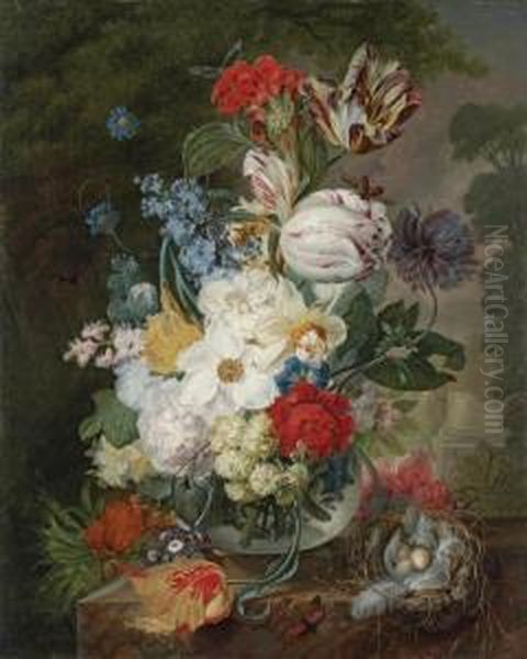 Roses, Tulips And Other Flowers In A Vase Oil Painting by Jan Evert Morel