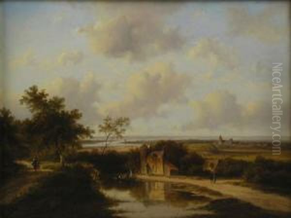 A Panoramic River Oil Painting by Jan Evert Morel