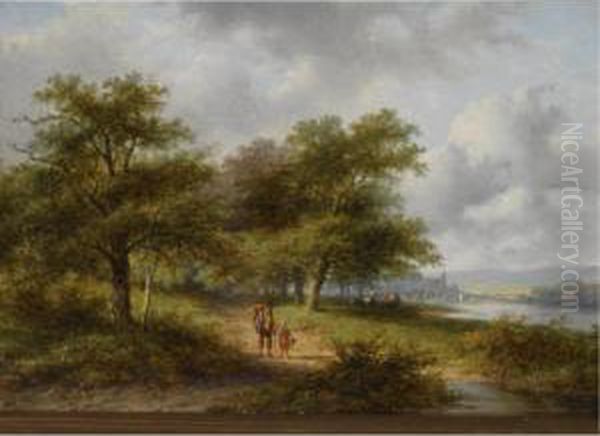 Travellers On A Country Road, A Town In The Distance Oil Painting by Jan Evert Morel