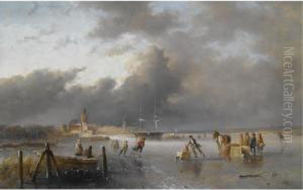 Skaters On A Frozen Waterway, A 'koek En Zopie' In The Distance Oil Painting by Jan Evert Morel