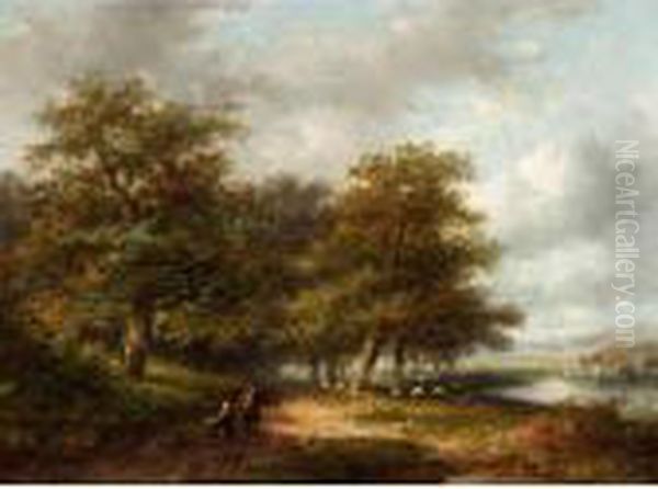 Travellers In A River Landscape Oil Painting by Jan Evert Morel