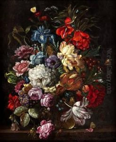 Still Life With Mixed Flowers, Butterflies And Insects Oil Painting by Jan Evert Morel