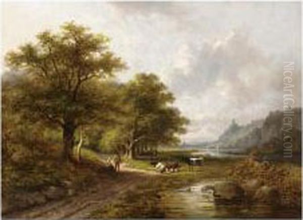 Peasants With Their Cattle In A Wooded Riverlandscape Oil Painting by Jan Evert Morel