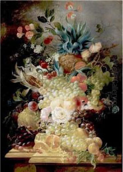 Still Life Of Various Fruits And
 Flowers On A Ledge Including A Pineapple And An Ear Of Corn Oil Painting by Jan Evert Morel