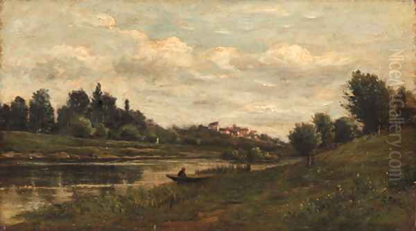 Pecheur au bord de la riviere Oil Painting by Charles-Francois Daubigny