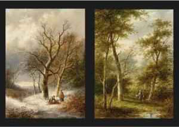 Wood Gatherers In A Snowy Landscape; Travellers In A Wooded Summer Landscape (a Pair) Oil Painting by Jan Evert Morel