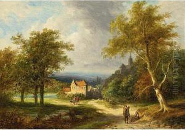 Travellers In A Summer Landscape, A Village In The Distance Oil Painting by Jan Evert Morel