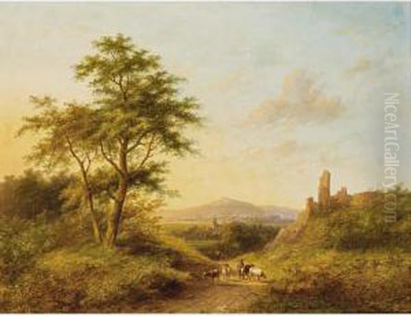 Figures And Cattle In A Panoramic Landscape Oil Painting by Jan Evert Morel