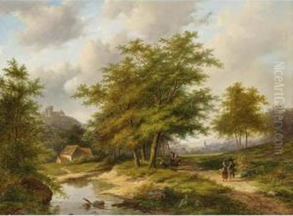 Travellers In A Wooded Summer Landscape, A Village In The Distance Oil Painting by Jan Evert Morel