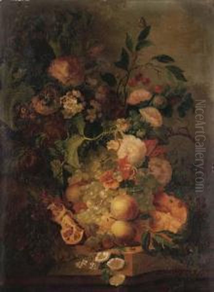 Grapes, Pomegranates, Peaches, 
Cherries, And A Melon, With Carnations, And Other Flowers On A Stone 
Ledge In A Landscape Oil Painting by Jan Evert Morel