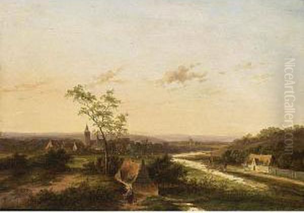 An Extensive Summer Landscape With A Town In The Background Oil Painting by Jan Evert Morel