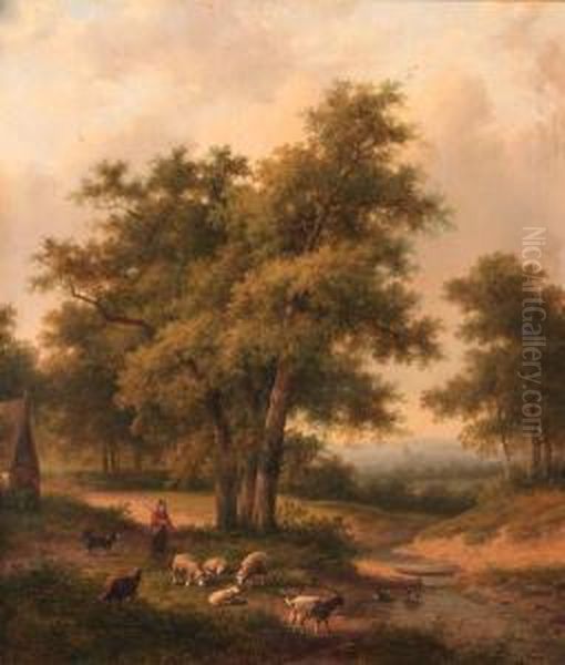 A Shepherd And His Flock In A Wooded Landscape Oil Painting by Jan Evert Morel