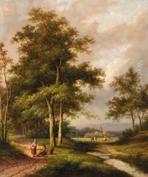 A Wooded River Landscape With Travellers; And Travellers Resting Bya Stream Oil Painting by Jan Evert Morel