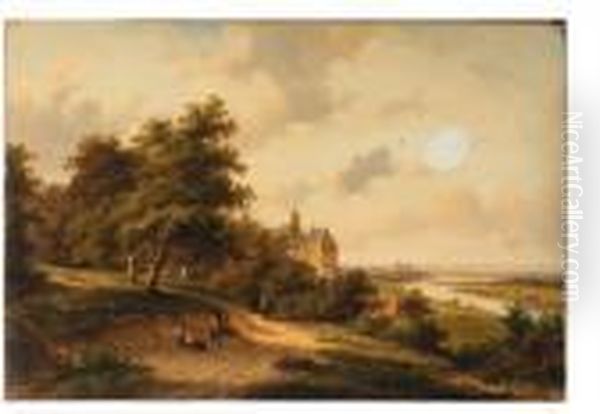 A Panoramic View Of A River 
Valley With Travellers Resting On Awooded Path In The Foreground Oil Painting by Jan Evert Morel