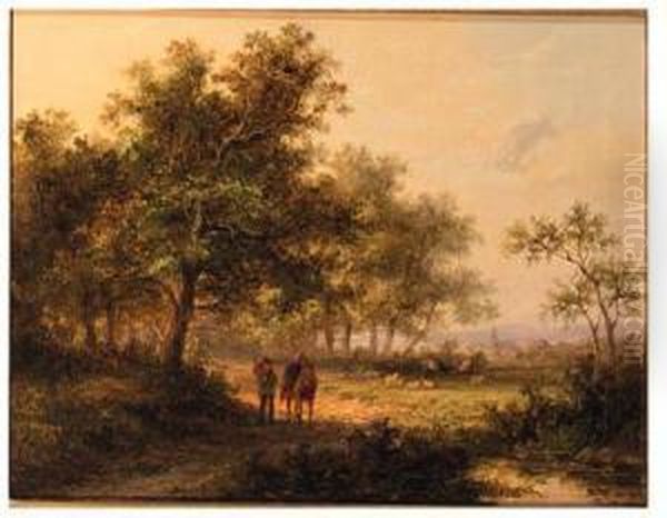 Travelers With A Donkey In A Wooded River Landscape Oil Painting by Jan Evert Morel