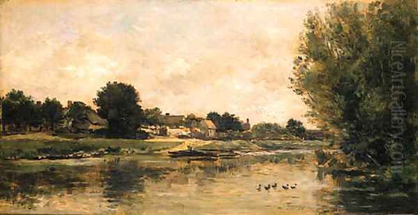 View of a river Oil Painting by Charles-Francois Daubigny