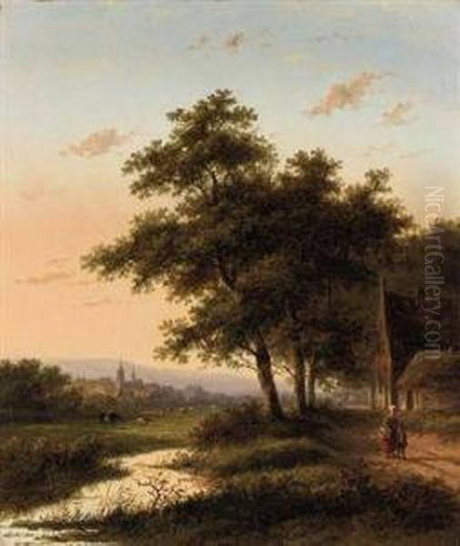 Travellers On A Country Road, A Town In The Distance Oil Painting by Jan Evert Morel