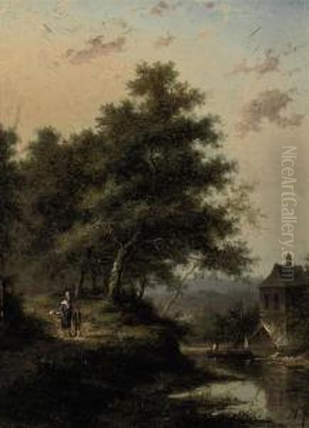 A Forest Landscape With A River And Figures Walking Down Apath Oil Painting by Jan Evert Morel