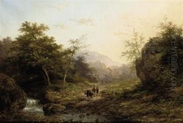 Figures And Cattle On A Forest Path Oil Painting by Jan Evert Morel