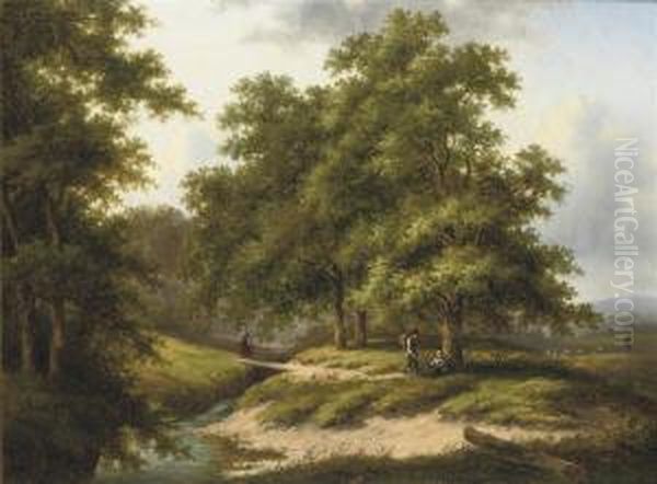 Travellers On A Forest Path Near A Stream Oil Painting by Jan Evert Morel