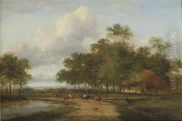 A Cowherd Watering His Cattle Oil Painting by Jan Evert Morel