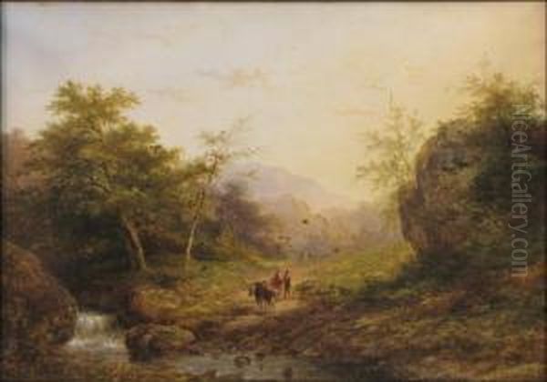 Cattle And Figures Near A Woodland Creek Oil Painting by Jan Evert Morel