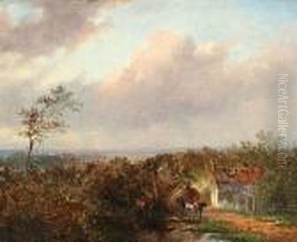 Landschap Met Schuit En Hooiwagen Oil Painting by Jan Evert Morel