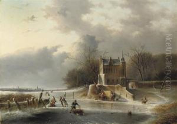 Winterfun On The Ice By A Mansion Oil Painting by Jan Evert Morel